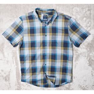 Prana Benton Blue Yellow Plaid Slim Fit Short Sleeve Button Down Shirt Mens L